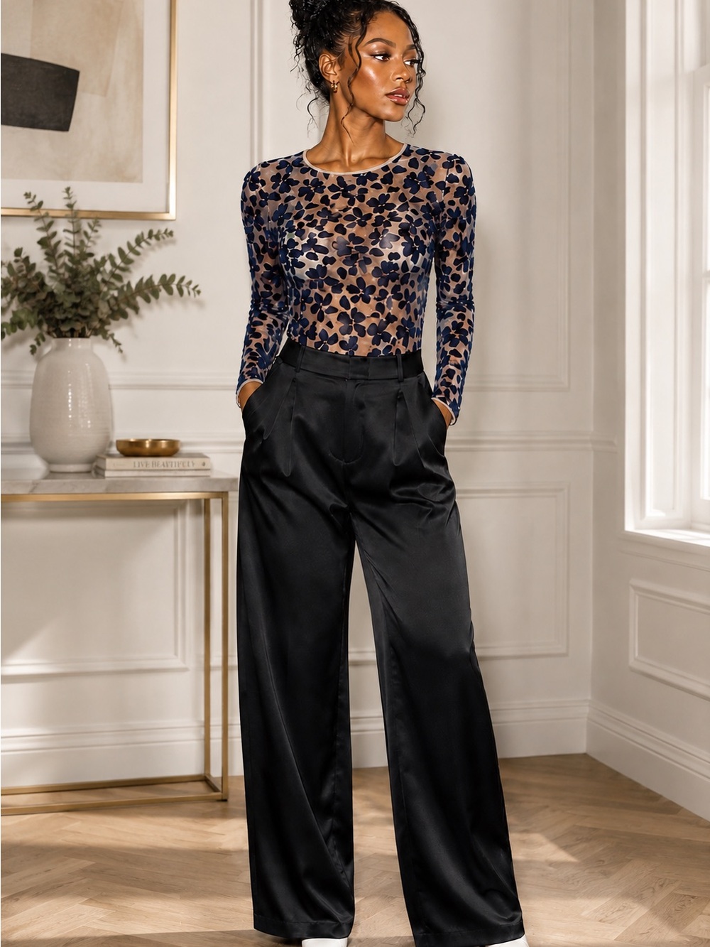 Victoria’s Secret Flocked Floral Sheer Mesh Bodysuit Navy Nude S